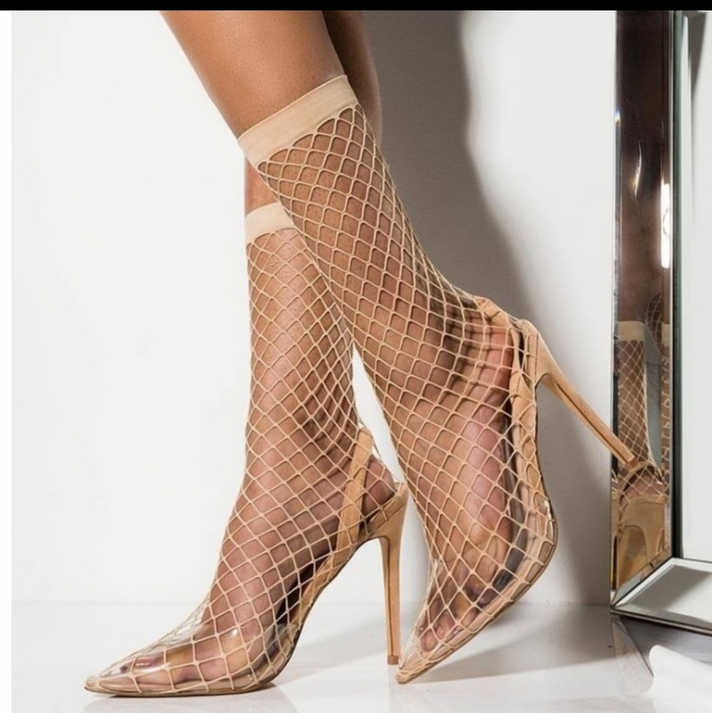 Nude fishnet clear heels